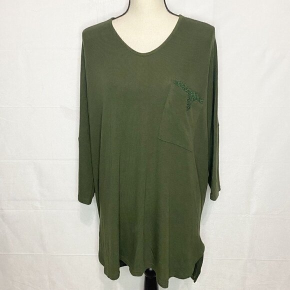 Suzanne Betro Tops - SUZANNE BETRO Olive Green Lace Pocket Women's Knit Top Shirt Sz 3X